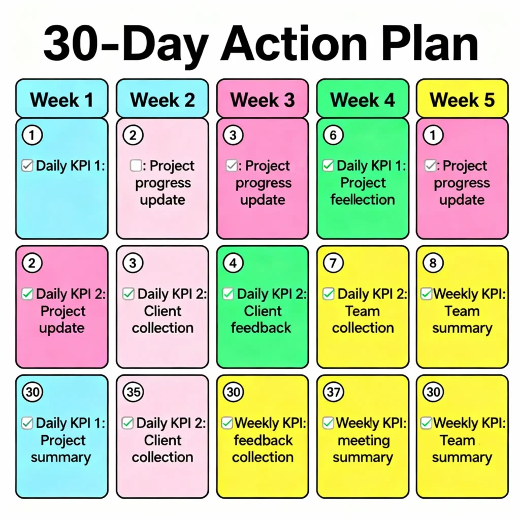 30 day KPI implementation action plan calendar