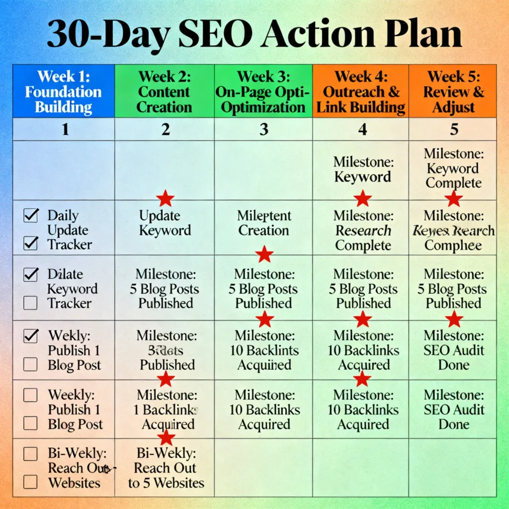 SEO for Career Consultants: How to Get Discovered in Bengaluru 9 30 day SEO action plan calendar with weekly milestones and checkboxes