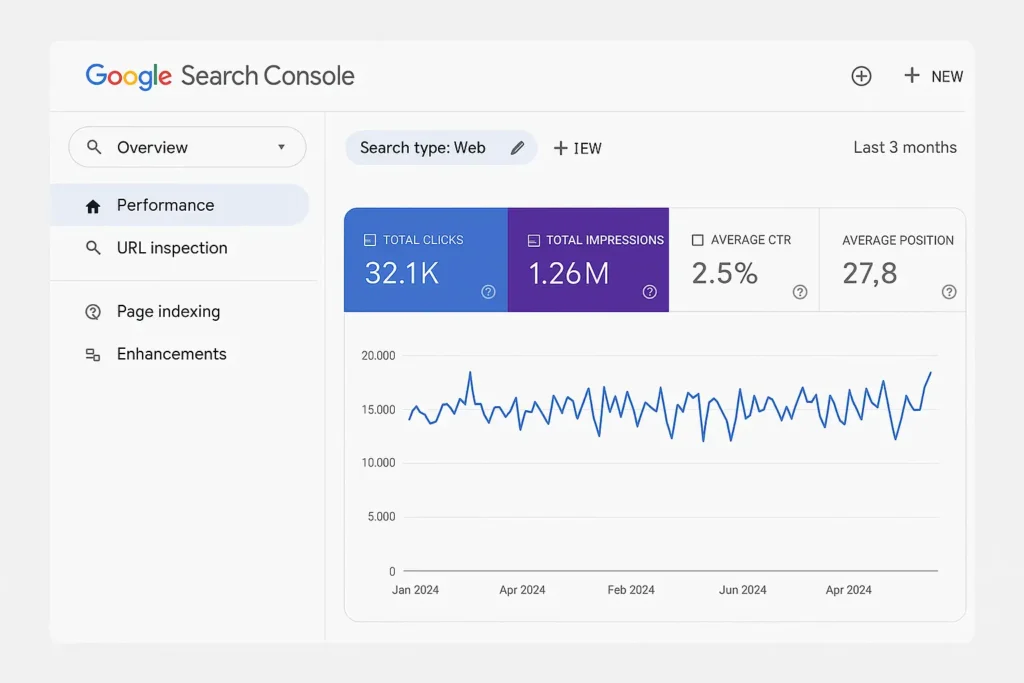 Google Search Console dashboard with key metrics