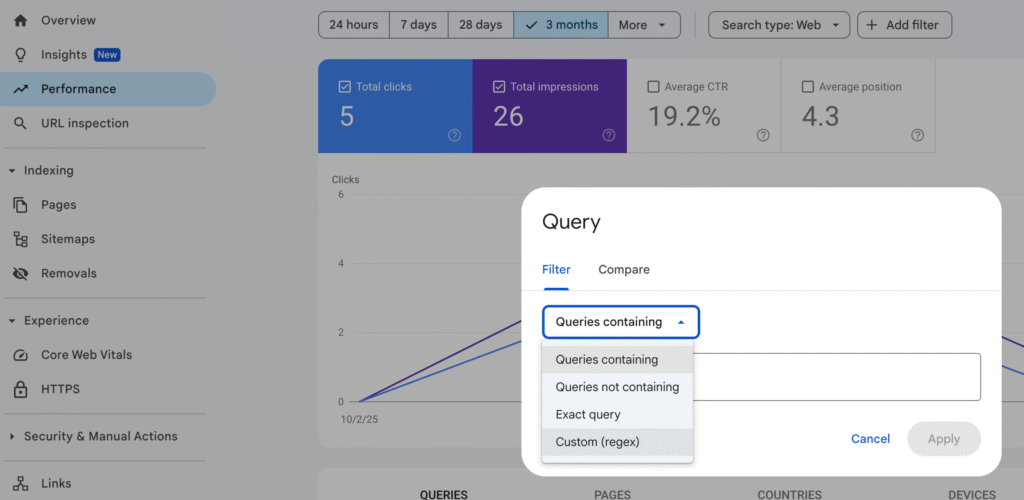 Google Search Console navigation mockup showing path to queries